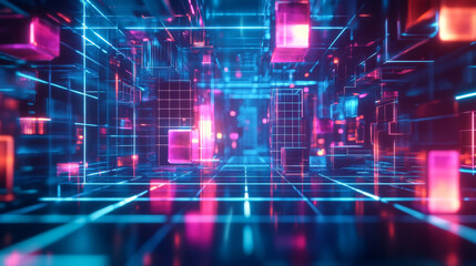 Fototapeta premium A dynamic, holographic platform for product display, set in a futuristic metaverse filled with glowing grids and abstract floating shapes. Soft neon lights illuminate the entire scene, giving it a