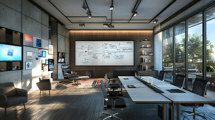 Fototapeta premium Modern Office Interior Design with Whiteboard and Conference Table - 3d Illustration