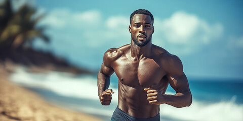 Passionate Athlete's Perseverance: A man running along a sunny beach, determined to reach his fitness goal.