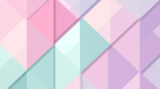 A flat geometric design with stacked triangles and parallelograms in pastel hues of pink, lavender, and mint, creating a soothing, calming composition.
