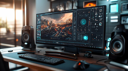 Night Cityscape on Computer Screen with Editing Software