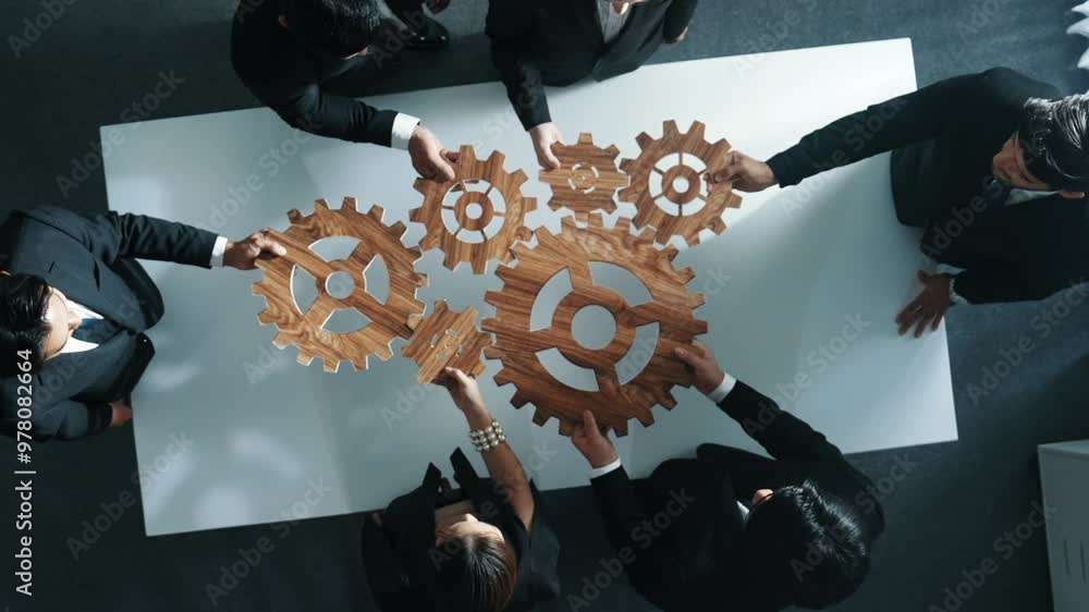 Poster top view of professional business team bring filled last cog to complete system. group of smart dive
