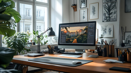 Fototapeta premium Modern Home Office Workspace With Computer, Plants, and Art Prints