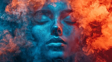 Abstract portrait of a woman covered in red and blue smoke