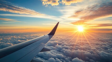 Beautiful aerial view from an airplane, soaring above the clouds with a breathtaking view of a bright blue sky and vibrant sun rays