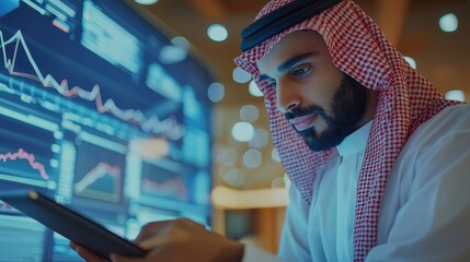 Middle Eastern Entrepreneur Analyzing Market Trends on Tablet with Graphs and Statistics Displayed