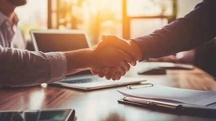 Closeup of Two Businessmen Shaking Hands During a Meeting