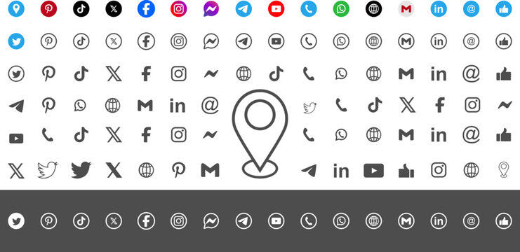  icon collection social media pinterest, instagram, web, telegram, messenger, tiktok, fecebook, in, x, gmail, email, telephone, whatsapp, location, twitter, like