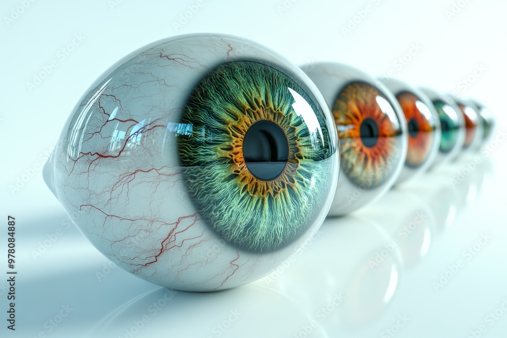 Poster highly detailed image of anatomically accurate eyeballs arranged in a row featuring vibrant iris col