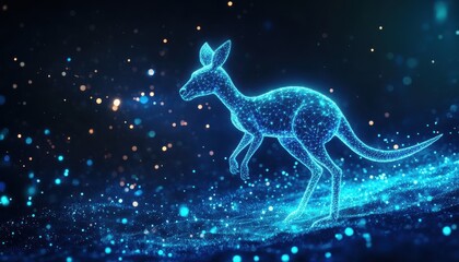 A Blue, Digital Kangaroo Leaping Over a Sparkling Surface