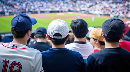 dedicated baseball fans watching a game from the stands, wearing jerseys and caps