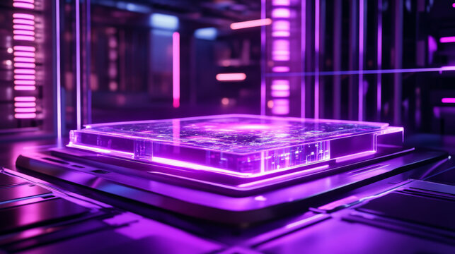 A high-tech display platform with a glowing purple base and dynamic holographic elements, surrounded by a futuristic environment with neon digital effects.