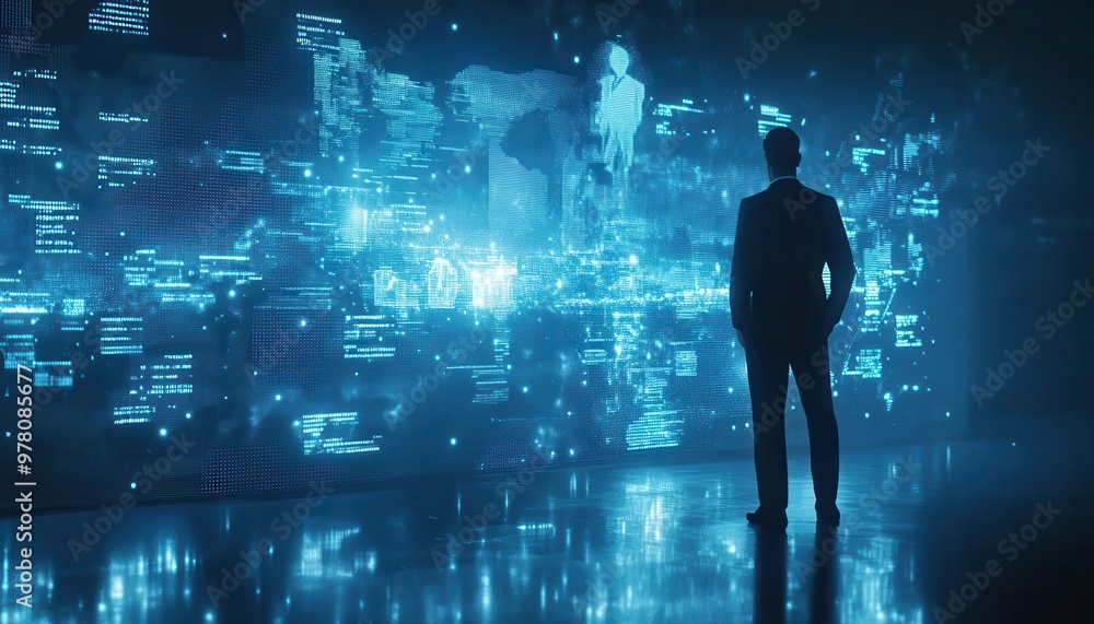 Poster a silhouetted businessman gazes at a wall displaying a digital world map and data streams