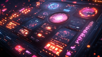 Obraz premium Vibrant tech interface featuring creative design elements, 3D visuals, digital display, futuristic layout. AI generated