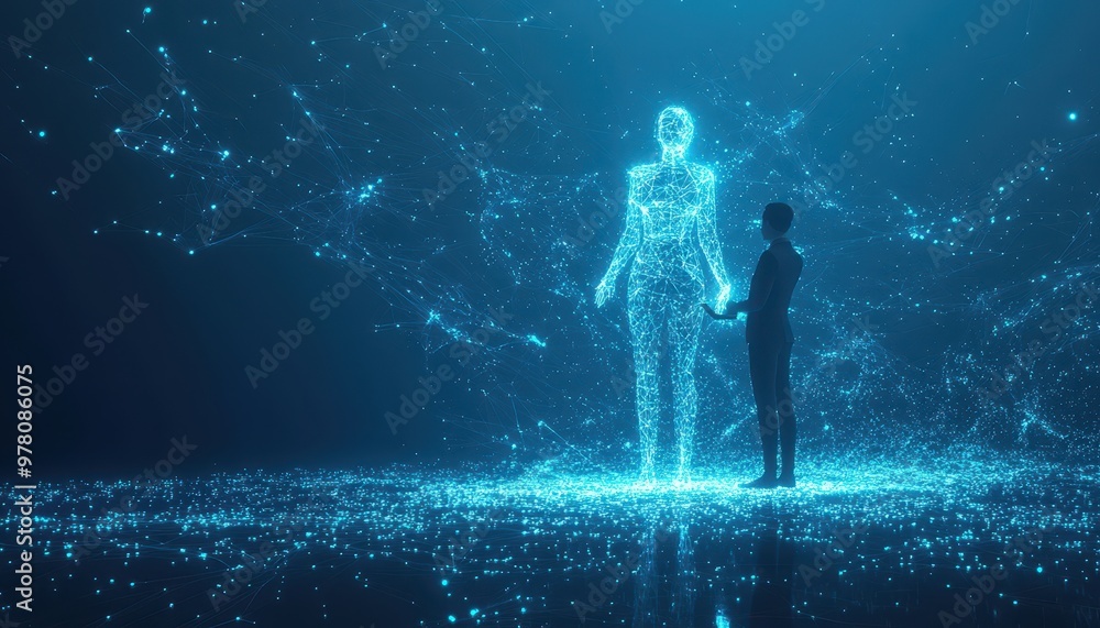 Poster a man interacting with a digital human representation constructed of blue light and lines