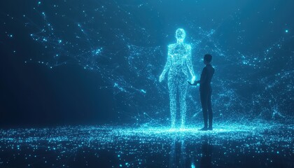 Obraz premium A Man Interacting with a Digital Human Representation Constructed of Blue Light and Lines
