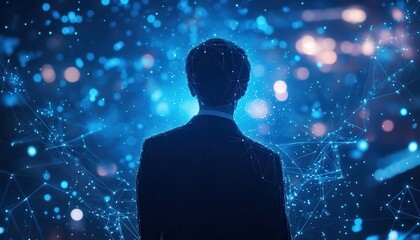Silhouette of a Person in a Suit with Blue Glowing Network Connections