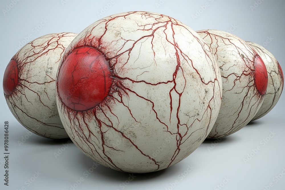 Poster close up of two large anatomically accurate eyeballs with red inflamed blood vessels representing oc