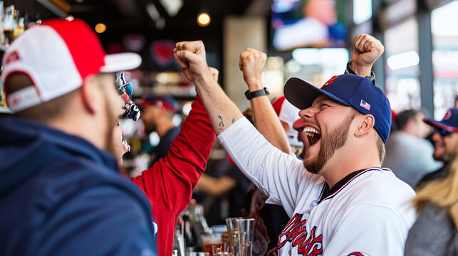 a group of baseball fans celebrating a victory at a local bar, surrounded by sports memorabilia