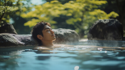 Fototapeta premium 旅行イメージ 露天風呂でくつろぐ男性