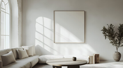 Grunge old accent coffee table near white sofa against arched window and white wall with big art poster frame. Minimalist, art deco interior design of modern living room, home.