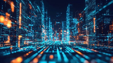 Abstract digital city with glowing blue and orange lights