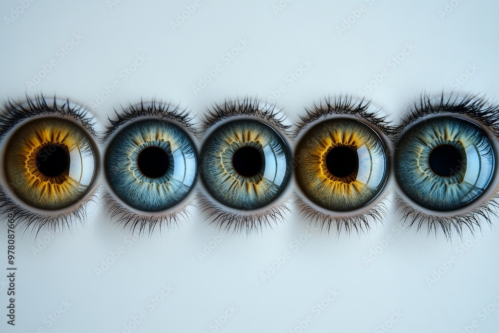 Poster anatomically accurate eyeballs with long lashes and dark irises arranged in a row showcasing the com