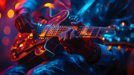 Obraz premium Red and Blue Neon Lights Music Guitar Player Illustration