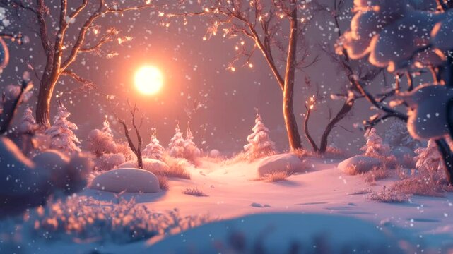Moonlit winter forest path with snow-covered trees and falling snow. Seamless looping 4k time-lapse video background