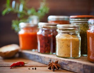 Rustic condiment jars with depth of field showcasing homemade relishes and chutneys