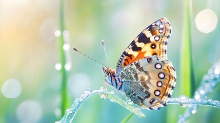 Obraz premium A vibrant butterfly perched on a dewy leaf, showcasing its colorful wings against a soft, blurred background of nature.