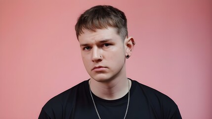 Obraz premium A jaded young Caucasian man with short brown hair. He is wearing a black t-shirt and a necklace. The man has a few piercings on his ears. The background is a soft pink color with copy space 