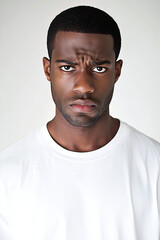 Obraz premium a young Black man exhibiting an annoyed expression, against a clean white backdrop