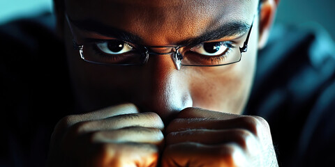 Serious Stare: A serious-looking man intently studying his hands.