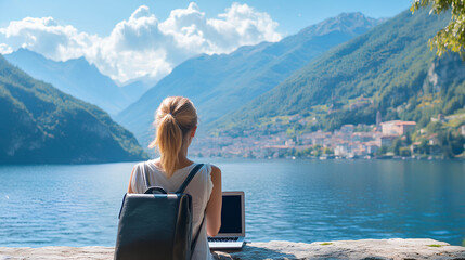 Fototapeta premium Happy female digital nomad freelancer working remotely