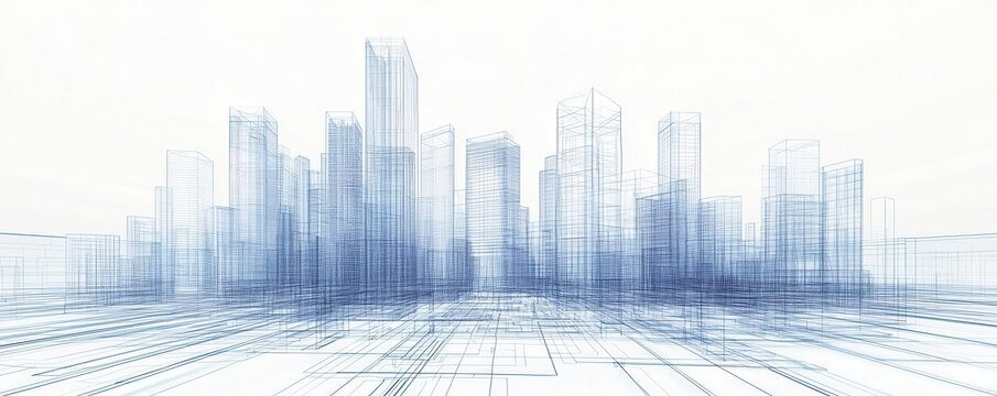 Wireframe skyline emerging from a digital blueprint, Architectural design, Urban planning concepts