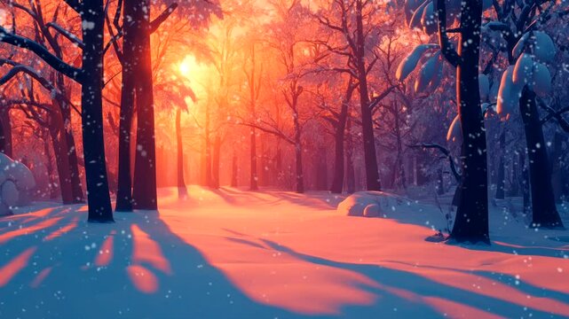 Sunrise in a snowy winter forest with long shadows and fresh snow. Seamless looping 4k time-lapse video background