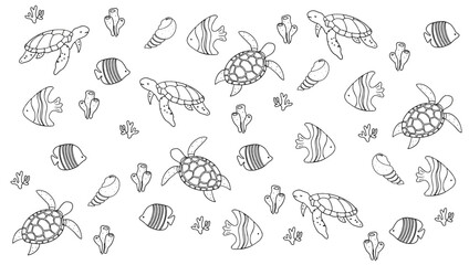 Ocean sea animals doodle outline set. Baground pattern icon, Cartoon comic design or marine funny book for kids shells, whales, seals, fish, turtles, crabs, coral reef vector