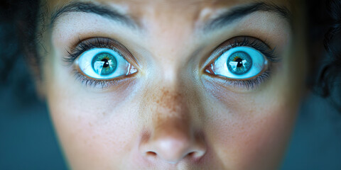 Naklejka premium Surprised Gasp: A woman with her mouth slightly agape and eyes wide open.