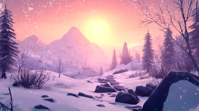 Winter mountain landscape with setting sun and snow-covered trees. Seamless looping 4k time-lapse video background
