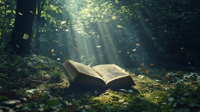 Open book in a forest with sunlight rays shining through leaves