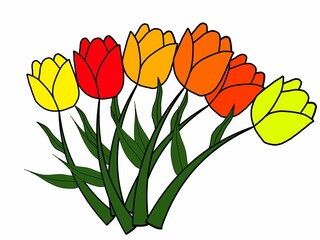 a digital design of colored flowers with green leafs in a white background