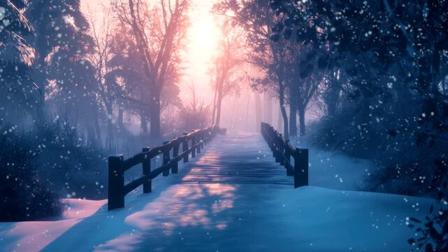 Snow-covered bridge at sunset with snow falling in a serene winter forest. Seamless looping 4k time-lapse video background