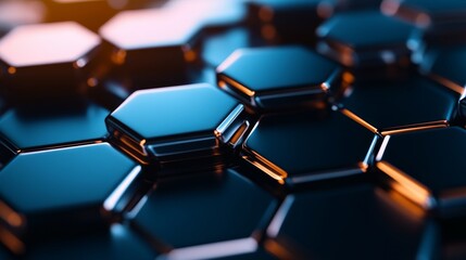 Fototapeta premium Interlocking hexagons in silver and chrome textures, side view, creating a dynamic and reflective surface, digital tone, Triadic color scheme