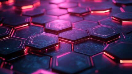 Fototapeta premium Interlocking transparent hexagons with subtle holographic reflections, layered over a dark gradient, sci-fi feel with digital interface elements, 3D render, Soft Lighting