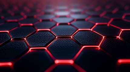 Fototapeta premium Interwoven hexagonal grid in dark steel texture, glowing red highlights, side view