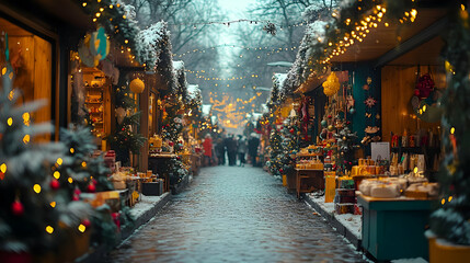Fototapeta premium Cozy Snowy Christmas Market Street Illustration