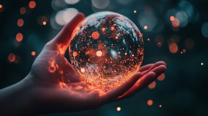 Hand holding a glowing crystal ball surrounded by sparkling lights