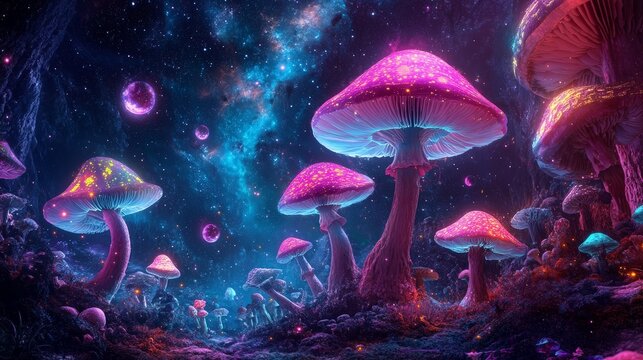 A surreal depiction of magic mushrooms in a cosmic setting, with vibrant, glowing patterns and floating celestial objects enhancing the magical theme.