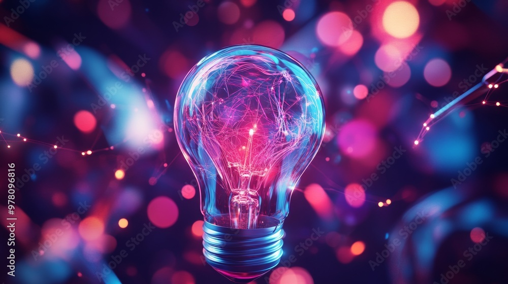 Poster close-up of glowing light bulb with abstract neural connections